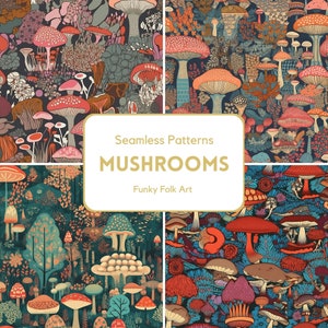 May include: Four seamless patterns featuring colorful, whimsical mushrooms in a variety of shapes and sizes. The patterns are set against a dark background and include details like leaves, flowers, and other natural elements. The text "Seamless Patterns MUSHROOMS Funky Folk Art" is displayed in a gold frame.