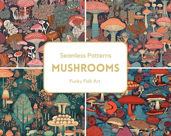 Mushroom Seamless Pattern Maximalist Digital Pattern 1970 Background Colorful Seamless Background Mushroom Repeating Pattern Groovy Pattern