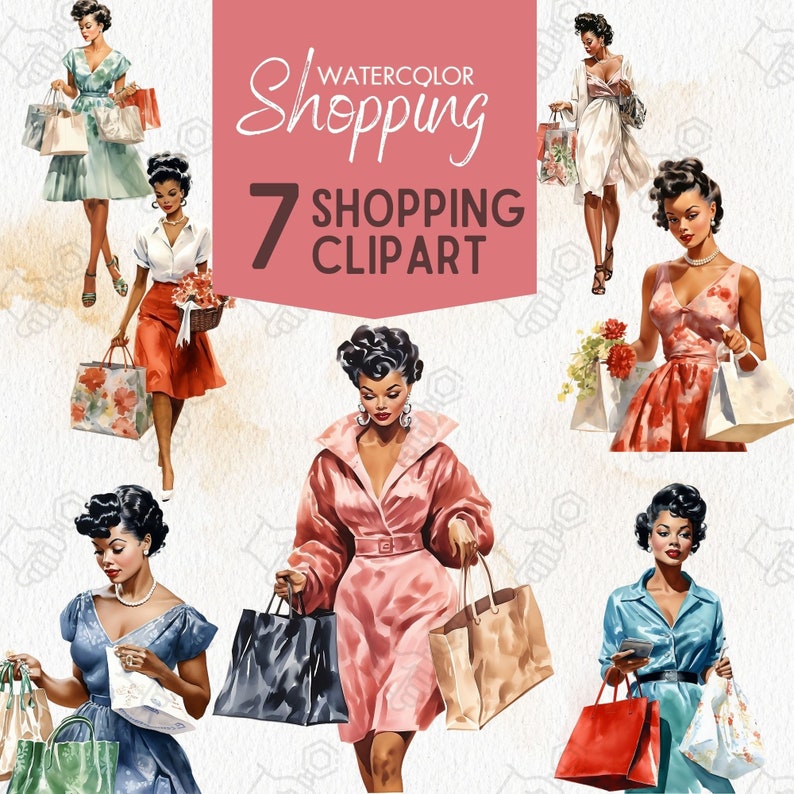 Op de afbeelding: Waterverfillustratie van zeven vrouwen die winkelen. De vrouwen dragen verschillende jurken en dragen boodschappentassen. De illustratie heeft de titel "Waterverf Shopping 7 Shopping Clipart".