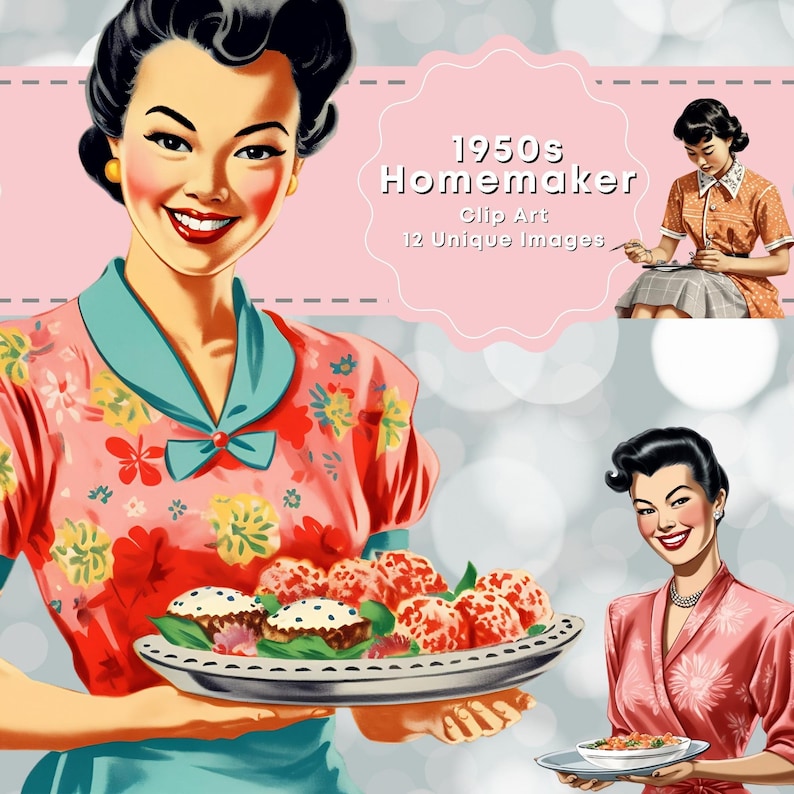 K&ouml;nnte beinhalten: Ein Clipart-Set mit dem Thema Hausfrau der 1950er Jahre, das eine Frau in einem rosa Blumenkleid zeigt, die eine Platte mit Essen h&auml;lt. Der Text "1950s Homemaker Clip Art 12 Unique Images" befindet sich auf einem rosa Banner.