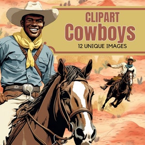 Black Cowboy Clipart Set, Western Digital Image, Printable Cowboy Horse Clip Art, Commercial Use, Wild West Graphic, African American Cowboy