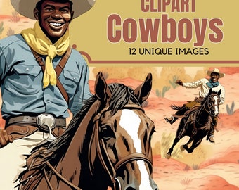 Black Cowboy Clipart Set, Western Digital Image, Printable Cowboy Horse Clip Art, Commercial Use, Wild West Graphic, African American Cowboy