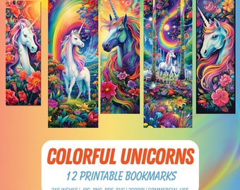 Vibrant Unicorn Bookmark, Digital Unicorn Bookmark,Rainbow Bookmark, Rainbow and Unicorn Digital Download, Commercial Use, Bookmark Sheet