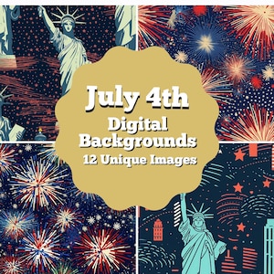 Fundo sem emenda patriótico, padrão sem emenda de 4 de julho, álbum de recortes do Dia da Independência, fogos de artifício, estátua da liberdade, paisagem urbana