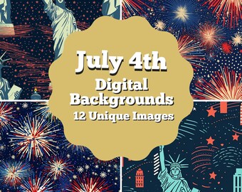 Patriotic Seamless Background, July 4th Seamless Pattern,  Independence Day Scrapbooking, Fireworks, Statue of Liberty, Cityscape