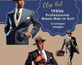Clip Art 1950 Black Business Man Suit Professional Brief Case and Fedora Walking Smiling Fathers Day Journaling Scrapbooking Digital Paper