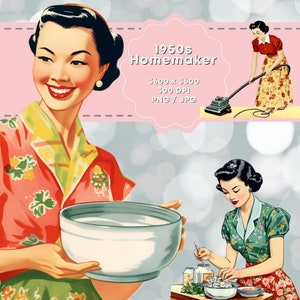 K&ouml;nnte beinhalten: Zwei Frauen in Vintage-Kleidung, eine h&auml;lt eine gro&szlig;e wei&szlig;e Sch&uuml;ssel und die andere bereitet Essen in einer kleineren Sch&uuml;ssel zu. Das Bild ist mit "1950s Homemaker" betitelt und hat die Abmessungen 3600 x 3600 und 300 DPI. Das Bild ist in den Formaten PNG und JPG verf&uuml;gbar.