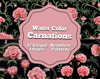 Carnation Seamless Pattern, Hand Painted Water Color Floral Digital Pattern, Carnation Black and Pink, Journaling, Scrapbook, Commercial