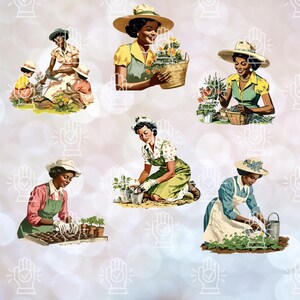May include: Six illustrations of women gardening. The women are wearing vintage clothing and hats. They are planting flowers, watering plants, and tending to a garden.