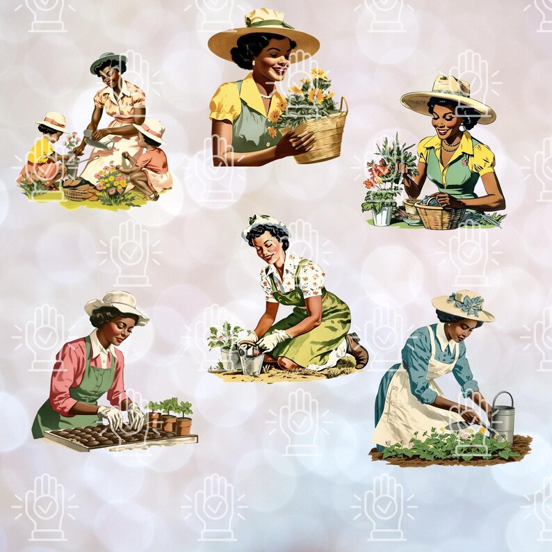 May include: Six illustrations of women gardening. The women are wearing vintage clothing and hats. They are planting flowers, watering plants, and tending to a garden.