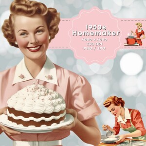 May include: A 1950s homemaker in a pink dress holds a two-tiered cake with white frosting and pink sprinkles. The cake is on a white plate. The image is labeled "1950s Homemaker 4000 x 4000 300 DPI PNG / JPG".
