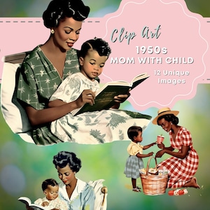 Moeder Clip Art 1950 zwarte moeder vrouw moeder bakken met kind verhaal tijd picknick Afro-Amerikaanse moeders dag dagboek bijhouden plakboek Moederdag