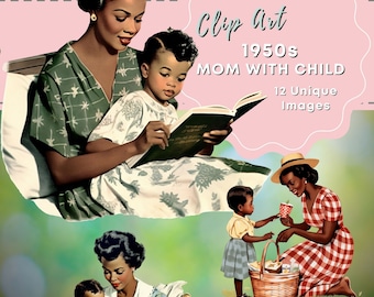 Mom Clip Art 1950 Black Mom Woman Mother Baking with Child Story Time Picnic African American Mothers Day Journaling Scrapbook Mothers Day