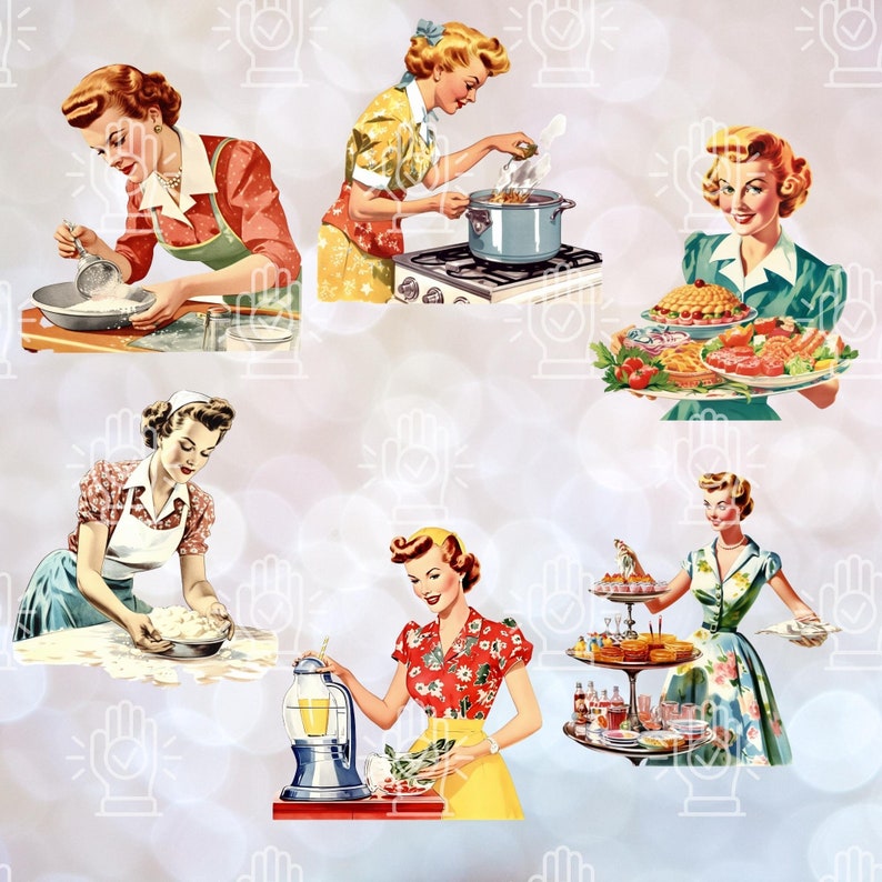 1950s Homemaker Clip Art Retro Housewife Vintage Homemaker Mom Serving Food Making Cake Baking Bread Vintage Cookware Journaling Scrapbook image 4