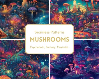 Mushroom Fantasy Seamless Pattern Vivid Psychedelic Colors Mushroom Background Maximalist Vivid Color Mushroom Digital Download