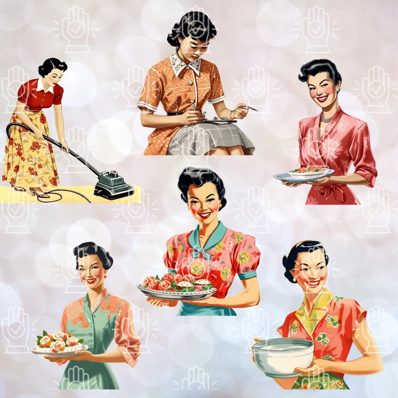 K&ouml;nnte beinhalten: F&uuml;nf Illustrationen von Frauen in Vintage-Kleidung, die verschiedene Haushaltsaufgaben erledigen. Eine Frau saugt, eine andere h&auml;lt einen Teller mit Essen, eine andere h&auml;lt eine Sch&uuml;ssel, eine andere h&auml;lt einen Teller mit Cupcakes und eine andere schreibt auf einen Notizblock.