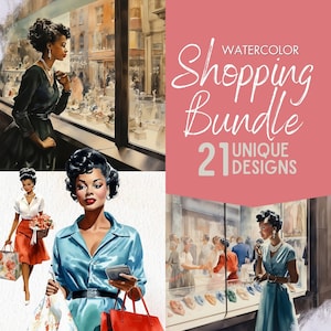Black Girl Clipart Fashion Girl Shopping Digital Bundle, Watercolor Fashion Illustrations, 21 Designs: Shopping Clipart, Purse Clipart
