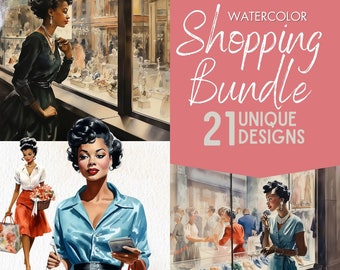 Black Girl Clipart Fashion Girl Shopping Digital Bundle, Watercolor Fashion Illustrations, 21 Designs: Shopping Clipart, Purse Clipart