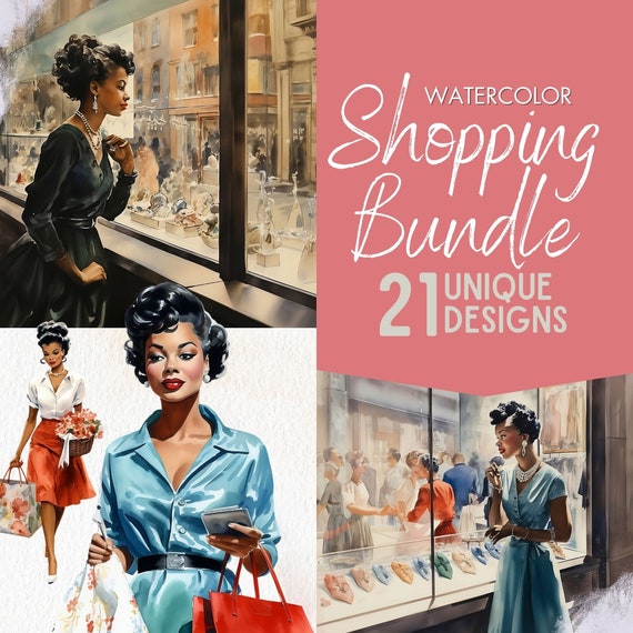 Black Girl Clipart Fashion Girl Shopping Digital Bundle, Watercolor Fashion Illustrations, 21 Designs: Shopping Clipart, Purse Clipart