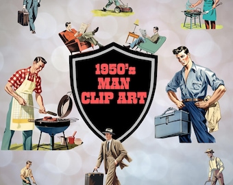 1950s Man Clip Art Bundle, Retro Male Illustrations, Work, Mowing, Reading, Vintage Graphics, Digital Download, 300 DPI, Instant Download