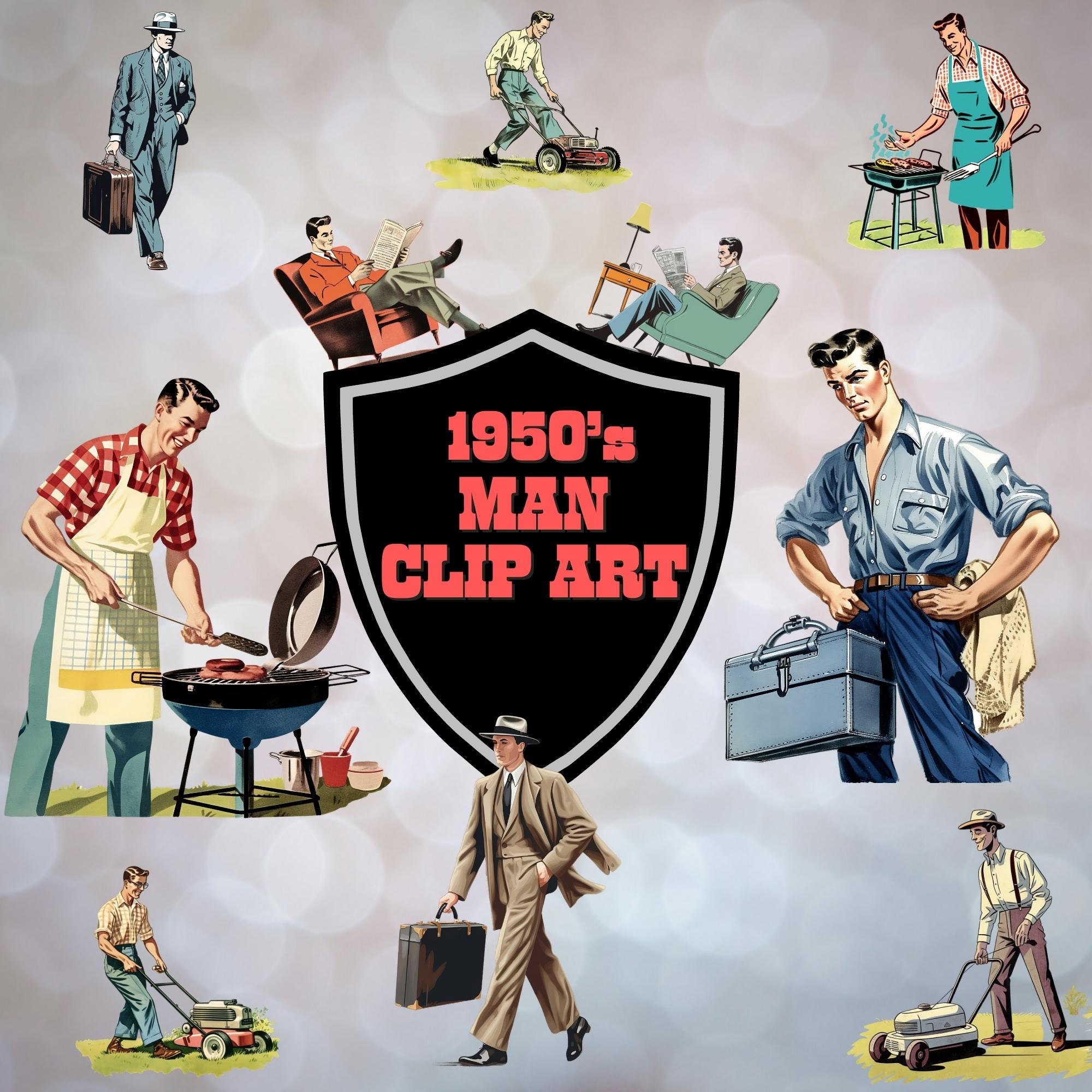 1950s Man Clip Art Bundle, Retro Male Illustrations, Work, Mowing