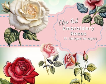 Embroidery Rose Clip Art,  Embroidery Cottage Core Flowers,  Boho Floral Embroidery Clip Art, Cricut Ready, Commercial Use, SVG 300 DPI