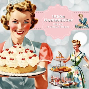 1950s Homemaker Clip Art Retro Housewife Vintage Homemaker Mom Serving Food Making Cake Baking Bread Vintage Cookware Journaling Scrapbook image 1