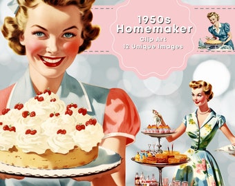 Jaren 1950 Huisvrouw Clip Art Retro Huisvrouw Vintage Huisvrouw Moeder Serveren Voedsel Maken Taart Bakken Brood Vintage Kookgerei Journaling Plakboek