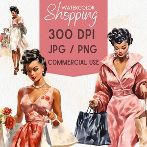Op de afbeelding: Drie aquarel illustraties van vrouwen die winkelen. Elke vrouw draagt een andere roze jurk en draagt ​​winkelzakken. De tekst "WATERCOLOR Shopping 300 DPI JPG / PNG COMMERCIAL USE" staat op de achtergrond.