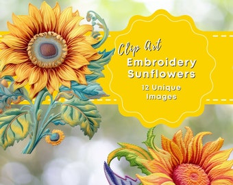 Clip Art Sunflower, Clipart Embroidery Flower, Digital Images Sunflowers, Boho 1970 Style Floral Images, Commercial Use, SVG