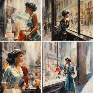 Op de afbeelding: Vier vrouwen worden afgebeeld in een aquarel, elk kijkend naar een etalage. De vrouwen dragen stijlvolle kleding uit de jaren 1940. De etalages zijn gevuld met verschillende artikelen, waaronder schoenen, sieraden en andere goederen.