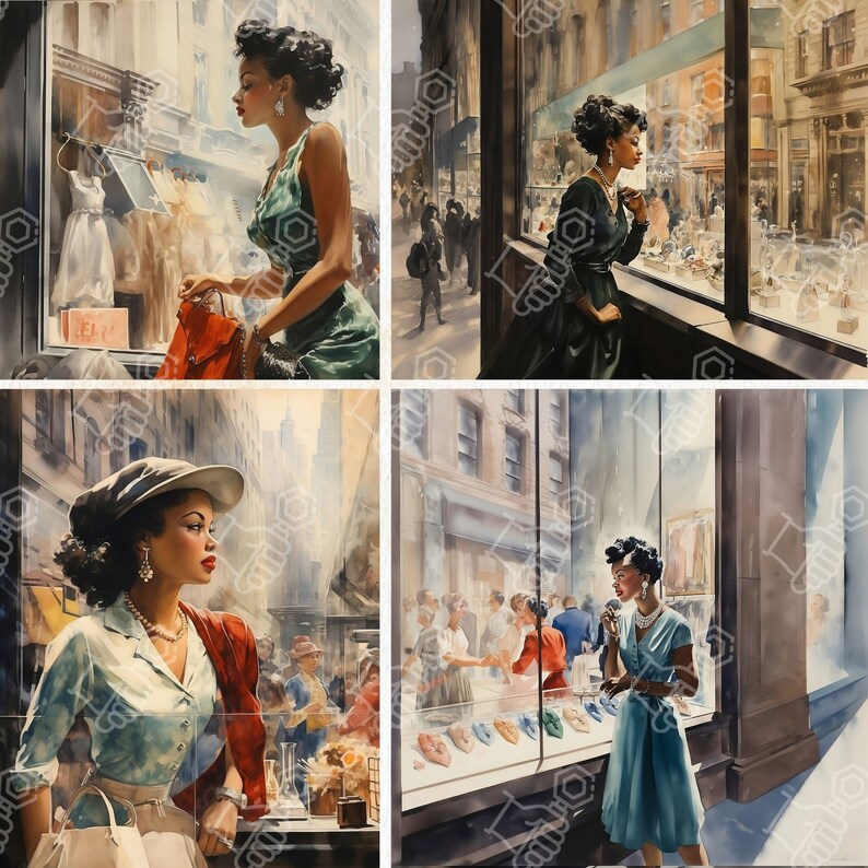 Op de afbeelding: Vier vrouwen worden afgebeeld in een aquarel, elk kijkend naar een etalage. De vrouwen dragen stijlvolle kleding uit de jaren 1940. De etalages zijn gevuld met verschillende artikelen, waaronder schoenen, sieraden en andere goederen.