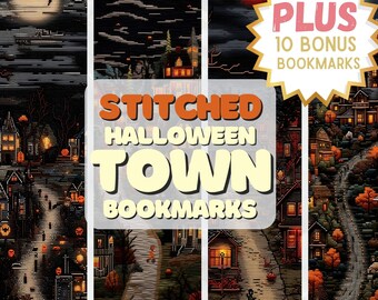 Halloween Town Bookmark, Cross Stitch Digital Bookmark, Vintage Trick or Treat, Gift For Book Lover, Book Club Gift