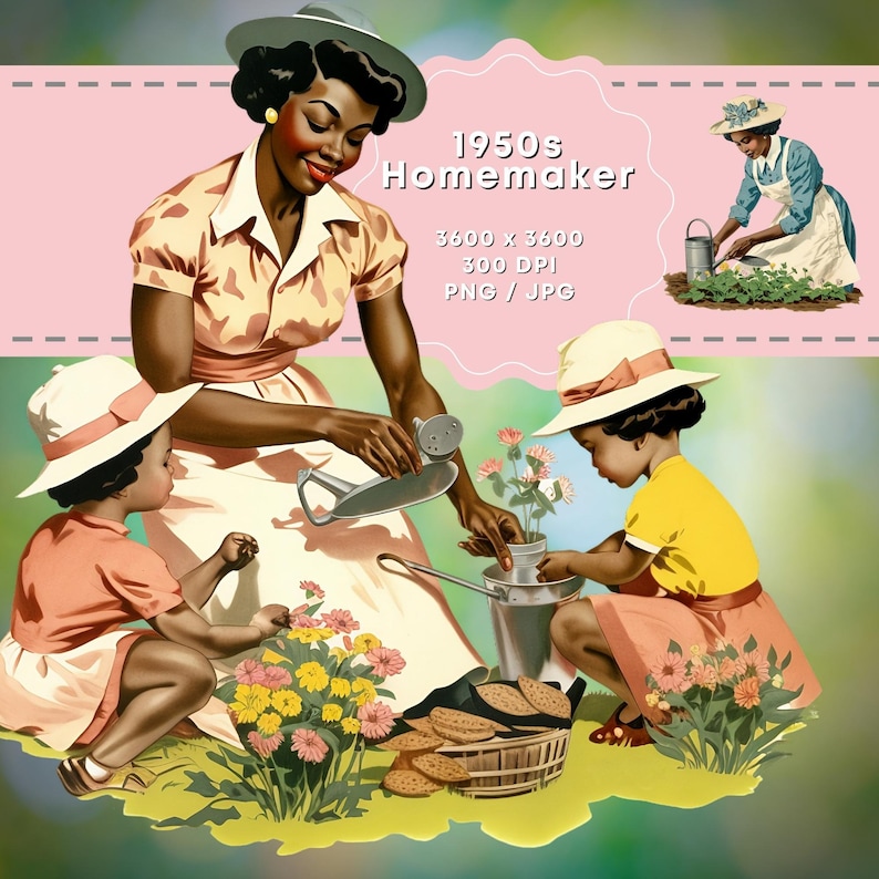 May include: A 1950s illustration of a woman and two children gardening. The woman is wearing a pink dress and a white hat. The children are wearing pink and yellow dresses and white hats. They are watering plants and flowers in a garden setting. The text "1950s Homemaker 3600 x 3600 300 DPI PNG / JPG" is displayed in a pink box.