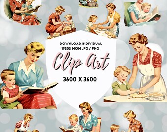 1950s Mom Clip Art, Retro Mother & Child Moments, Baking, Bedtime Story, Picnic, Vintage Family Illustrations, Digital Download Set