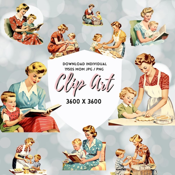 1950s Mom Clip Art, Retro Mother & Child Moments, Baking, Bedtime Story, Picnic, Vintage Family Illustrations, Digital Download Set