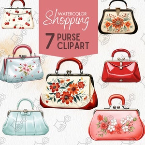 Op de afbeelding: Zeven aquarel illustraties van vintage handtassen met bloemen- en kersenmotieven. De tekst "Watercolor Shopping 7 Purse Clip Art" wordt boven de handtassen weergegeven.