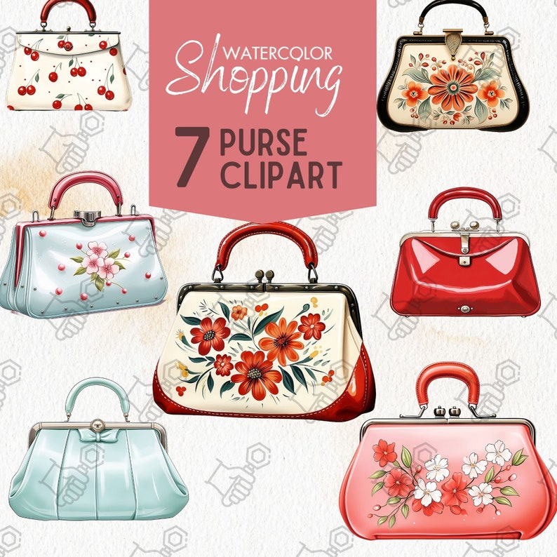 Op de afbeelding: Zeven aquarel illustraties van vintage handtassen met bloemen- en kersenmotieven. De tekst "Watercolor Shopping 7 Purse Clip Art" wordt boven de handtassen weergegeven.