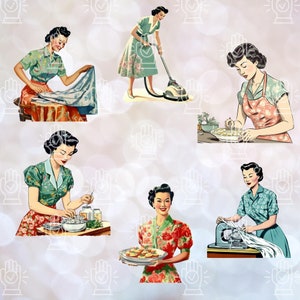 K&ouml;nnte beinhalten: Sechs Vintage-Illustrationen von Frauen, die verschiedene Haushaltsaufgaben erledigen. Die Frauen sind in Kleidung im Stil der 1950er Jahre gekleidet und werden beim Staubsaugen, B&uuml;geln, Kochen und Backen gezeigt. Die Illustrationen sind im Retro-Stil gehalten und haben eine helle, luftige Atmosph&auml;re.