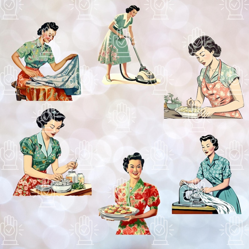 K&ouml;nnte beinhalten: Sechs Vintage-Illustrationen von Frauen, die verschiedene Haushaltsaufgaben erledigen. Die Frauen sind in Kleidung im Stil der 1950er Jahre gekleidet und werden beim Staubsaugen, B&uuml;geln, Kochen und Backen gezeigt. Die Illustrationen sind im Retro-Stil gehalten und haben eine helle, luftige Atmosph&auml;re.