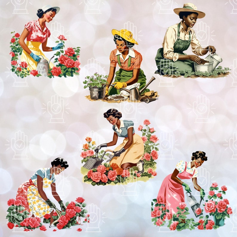 May include: Six women in vintage clothing are tending to rose bushes. They are wearing hats and gloves and holding watering cans. The background is a soft, blurred, light grey.