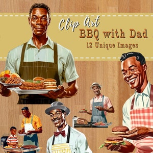 Alles Gute zum Vatertag BBQ Grafik Pack, Grill und Grill Clipart, Familie Cookout Illustrationen, Black Dad Clip Art, kommerzielle Nutzung