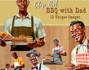 Happy Father's Day BBQ Graphics Pack, Grill and Barbecue Clipart, Family Cookout Illustrations, Black Dad Clip Art, Commercial Use