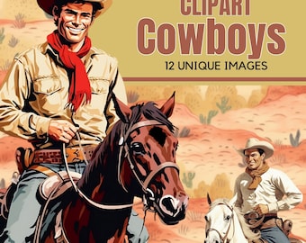 Wild West Cowboy and Horse Clipart Set - Vintage Western Illustrations, Digital Download, Cowboy Graphics, Horseback Riding, Western Theme