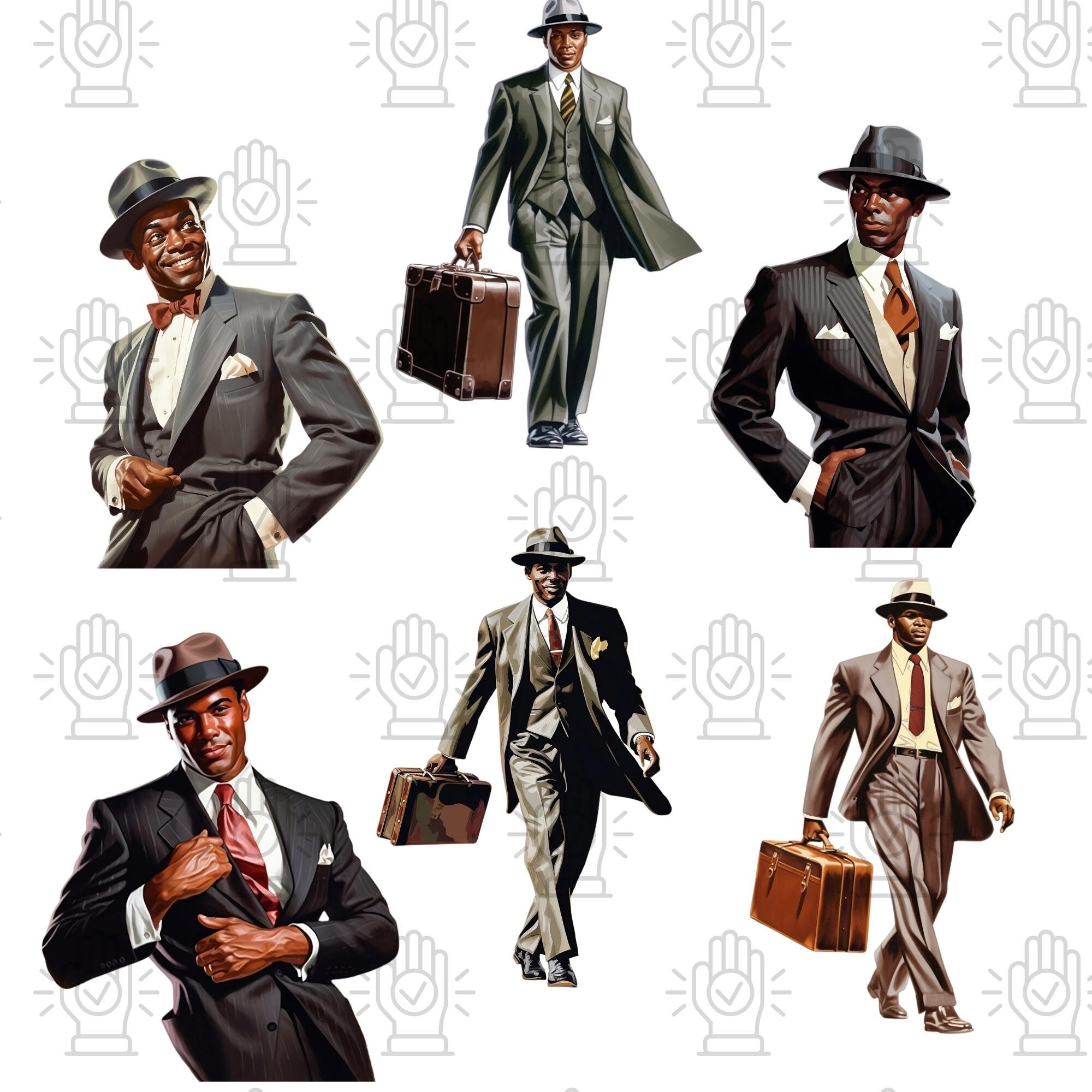 Gentlemen'sファッションイラスト写真集　1930〜60 スーツスタイル Clip Art 1950 Black Business Man Suit Professional Brief Case and