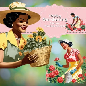 Gardening Clip Art 1950 Black Mom Woman Mother Gardening Watering Plants Trimming Bushes African American Mothers Day Journaling Scrapbook