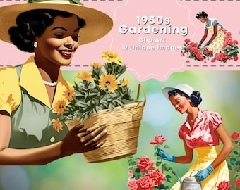 Gardening Clip Art 1950 Black Mom Woman Mother Gardening Watering Plants Trimming Bushes African American Mothers Day Journaling Scrapbook