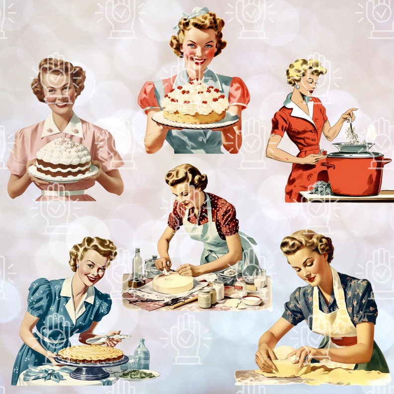 May include: A collage of six vintage illustrations featuring women in various stages of baking and cooking. The women are dressed in 1950s style clothing and are shown preparing cakes, pies, and other dishes. The illustrations are set against a light background with a bokeh effect.