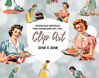 1950s Homemaker Clip Art - Vintage Housewife PNG & JPG Images - Retro Mid-Century Illustrations - High-Quality Instant Download