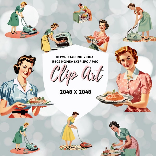 1950s Homemaker Clip Art - Vintage Housewife PNG & JPG Images - Retro Mid-Century Illustrations - High-Quality Instant Download